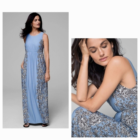 Soma Dresses & Skirts - Soma  Maxi Dress High Neck Blue Floral‎ Long Stretch Jersey